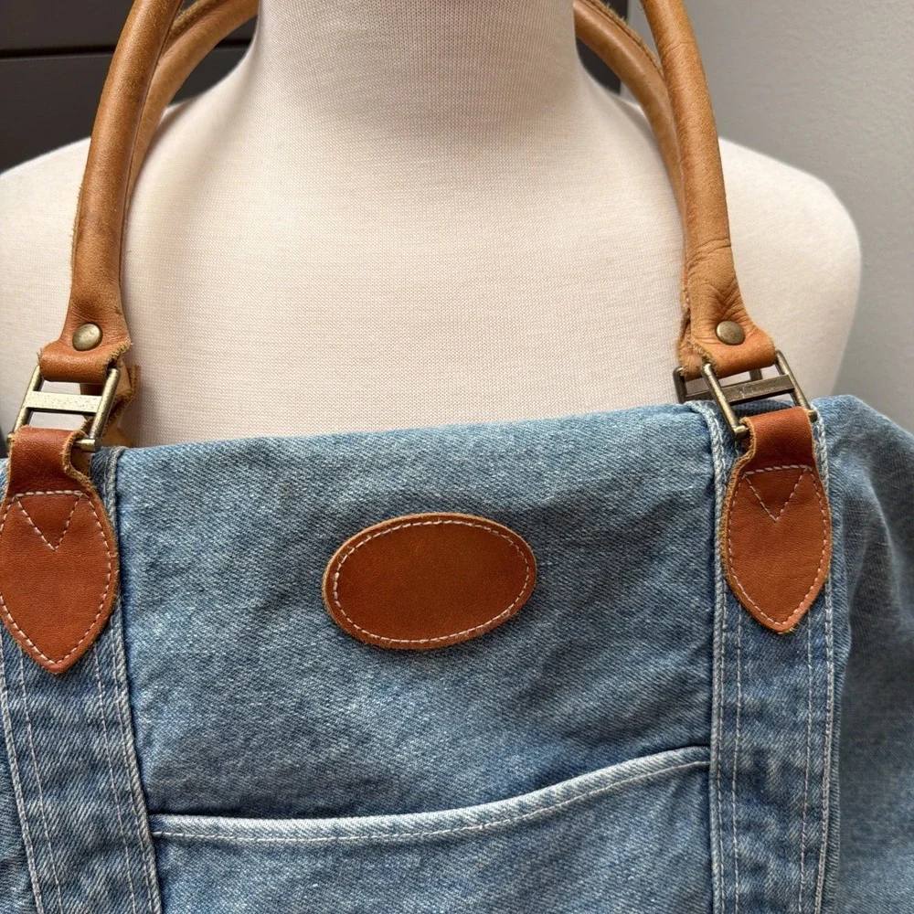 Vintage GAP Weekender Travel Tote Bag Blue Denim Duffle Large Zip Leather Trim - Picture 4 of 5